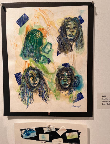 Sean Godfrey, "Faith", 2022. Graphite, watercolor, tea, ink, dish detergent, ketchup, oil sheen on watercolor canvas.