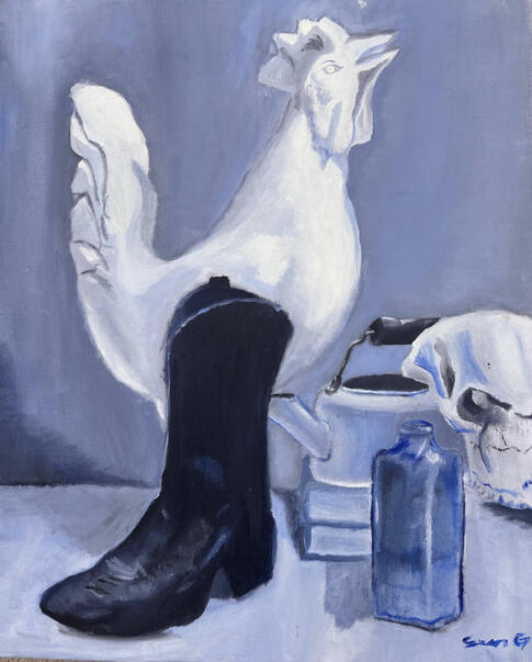 Sean Godfrey, "Blue-scale Still Life", 2021. Oil on canvas.